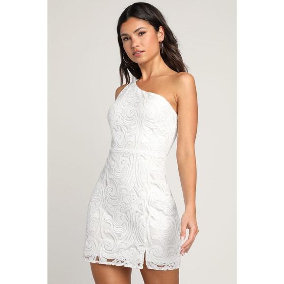 Lulus Madina White Sequin One-Shoulder Bodycon Mini Dress – Size Small - Picture 4 of 13